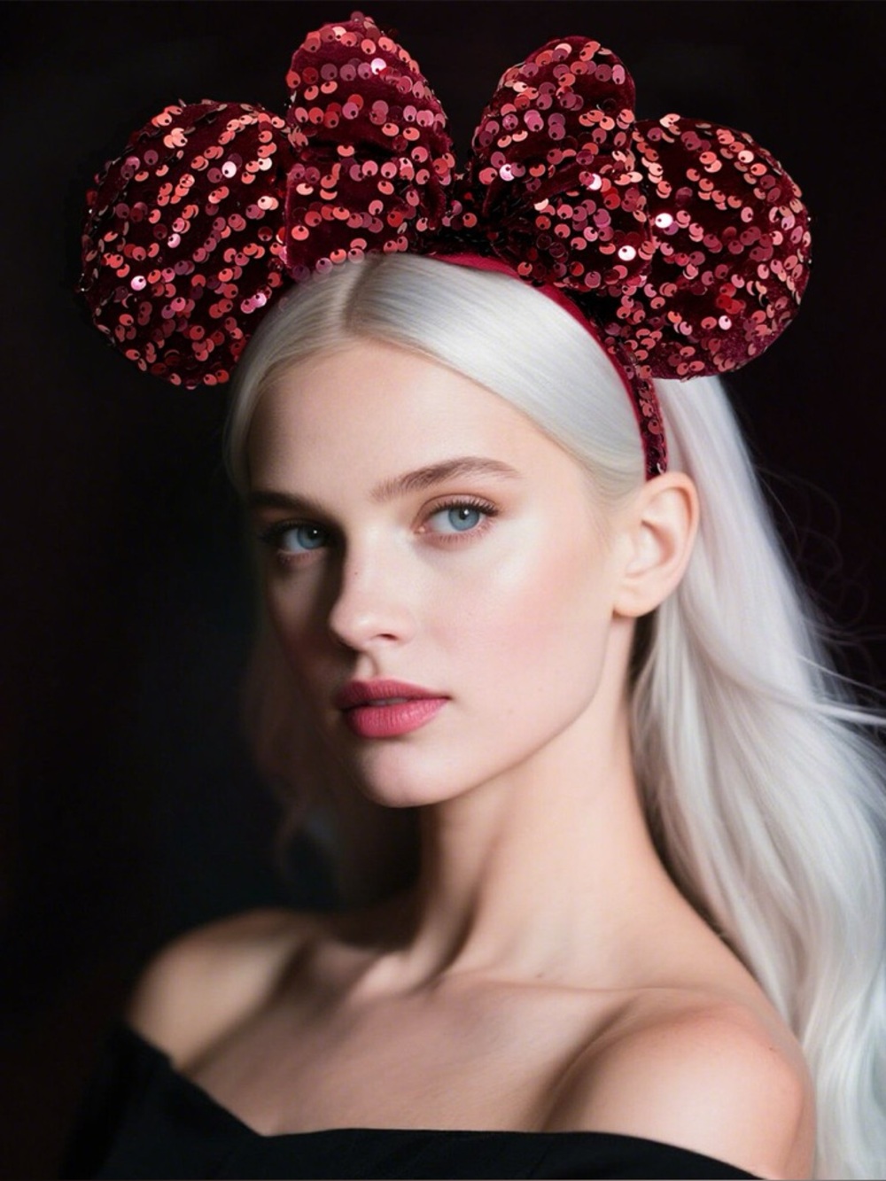 Disney Parks Dark Red Velour Sequin Minnie Ears Shanghai Disneyland Headband NWT